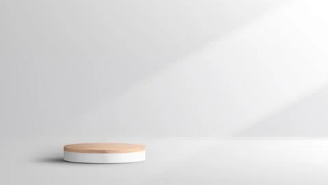 3D realistic empty wood grain top white podium pedestal on white background w Stock Illustration