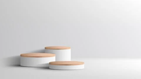 3D realistic empty wood grain top white podium pedestal on white background Stock Illustration