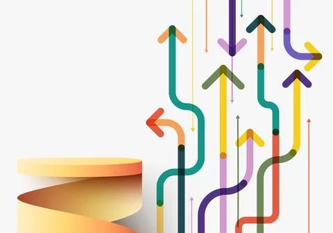 3D realistic empty yellow podium stand swirl spiral ribbon with arrow way d.. Stock Illustration