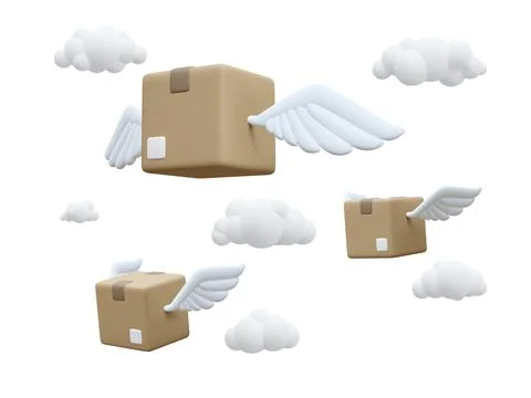 3d realistic flying cardboard boxes with wings in the clouds. Fast delivery s Stock-Illustration