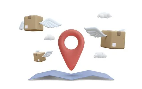 3d realistic flying cardboard boxes with wings and map with pointer. Parcel f Stock-Illustration