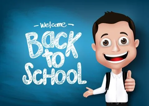 3D Realistic Genius Student with Backpack Happy Showing in Front of Blackboard Stock Illustration