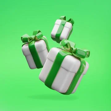 3D realistic gift boxes floating in the air, three white gift boxes with green Illustrazione stock