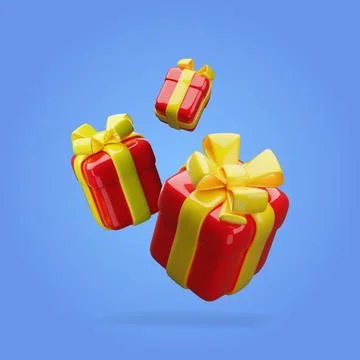 3D realistic gift boxes floating in the air, three red surprise boxes with Stock Illustration