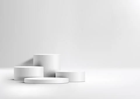 3D realistic group of empty white podium pedestal cylinder stand on clean b.. Illustrazione stock