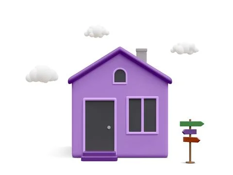3d realistic home with clouds and street sign isolated on white background. R Stock-Illustration