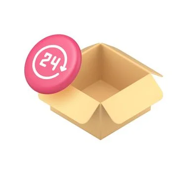 3d Realistic Icon Beige Open Cardboard Box With Pink 24 Hour Service Symbol イラスト素材