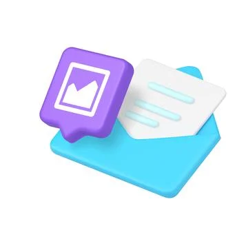 3d Realistic Icon Of Blue Open Letter And White Speech Bubble With Landscap.. Stock Illustration