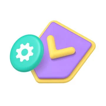 3d Realistic Icon Blue Shield With Checkmark And Green Gear Settings Symbol Stock Illustration