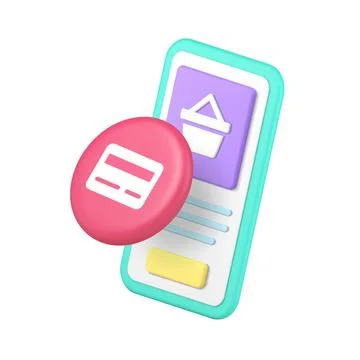 3d Realistic Icon Blue Smartphone With Purple Cart And Pink Payment Card 스톡 일러스트