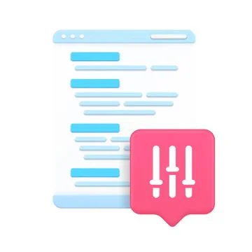 3d Realistic Icon Of Code Page And Pink Settings Sliders Speech Bubble For .. Stock Illustration