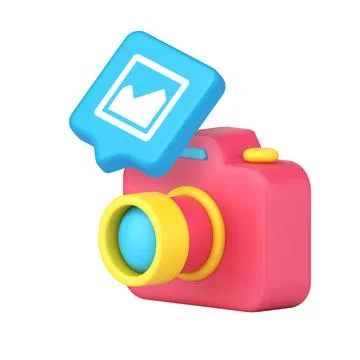 3d Realistic Icon Of Pink Camera With Blue Photo Bubble For Gallery App Int.. Illustrazione stock