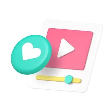 3d Realistic Icon Pink Video Player With Blue Heart Like On White Panel Stock Illustration