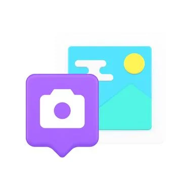 3d Realistic Icon Of Purple Camera Speech Bubble And Blue Landscape Photo F.. Stock Illustration