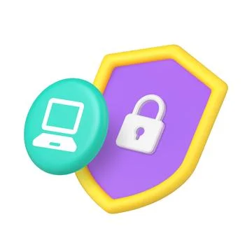 3d Realistic Icon Shield With Lock And Computer For Cyber Security Protection Stock Illustration