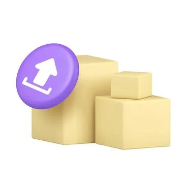 3d Realistic Icon Stack Of Cardboard Boxes With Purple Upload Arrow Symbol 스톡 일러스트