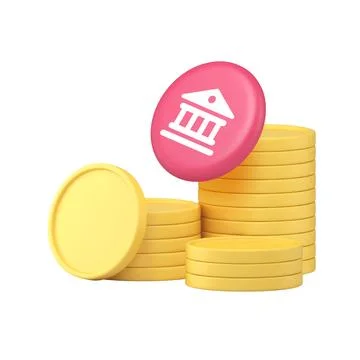 3d Realistic Icon Stack Of Yellow Coins With Pink Bank Building Financial S.. 库存插图