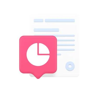 3d Realistic Icon Of White Document With Blue Text And Pink Pie Chart Speec.. Stock Illustration