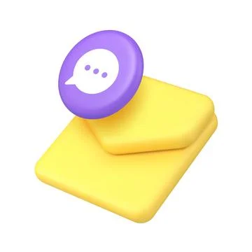 3D Realistic Icon Yellow Envelope And Purple Message Cloud For Email And Ch.. Stock Illustration