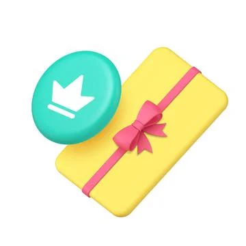 3d Realistic Icon Yellow Gift Card With Pink Bow And Blue Crown Symbol Stock Illustration