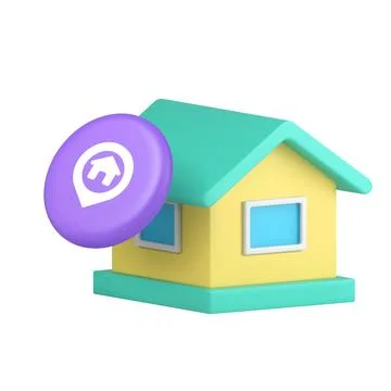 3d Realistic Icon Yellow House With Purple Geolocation Tag Home Symbol Stock Illustration