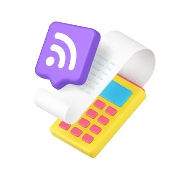 3d Realistic Icon Of Yellow Payment Terminal With Receipt And Purple Wirele.. Stock Illustration