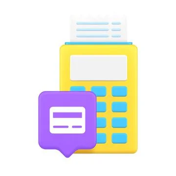 3d Realistic Icon Of Yellow Payment Terminal With Receipt And Purple Credit.. Stock Illustration