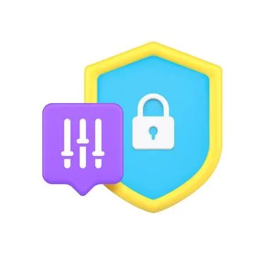 3d Realistic Icon Of Yellow Shield With Blue Lock And Purple Settings Slide.. Stock Illustration