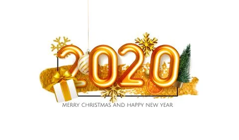 3d realistic isolated vector with golden gel balloon 2020, christmas balls, fir Stock Illustration