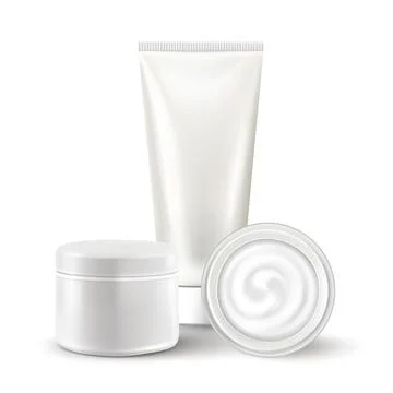 3d realistic isolated vector mockup of white cosmetics, tube and jar, toothpa Stock Illustration