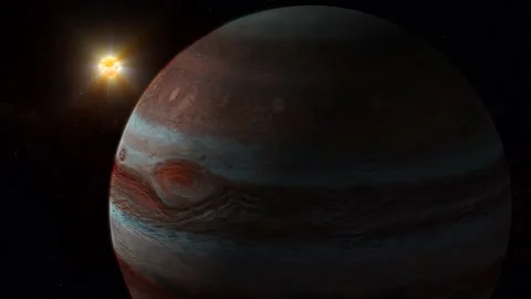 3d realistic Jupiter planet glowing sun view on space Stock Footage 221906219