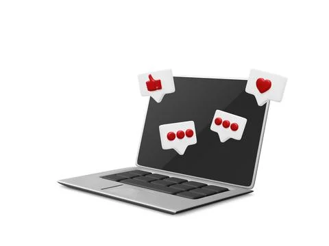 3d realistic laptop with speech bubble and social media likes. Online social Stock-Illustration
