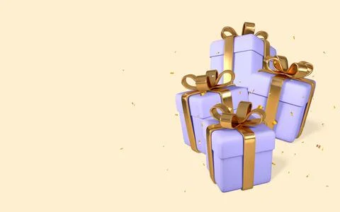 3D realistic light purple gift boxes with golden bow and confetti. Paper boxe Stock Illustration