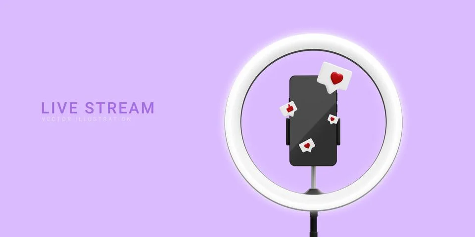 3d realistic live stream concept. Phone on tripod with light bulb and social Illustrazione stock