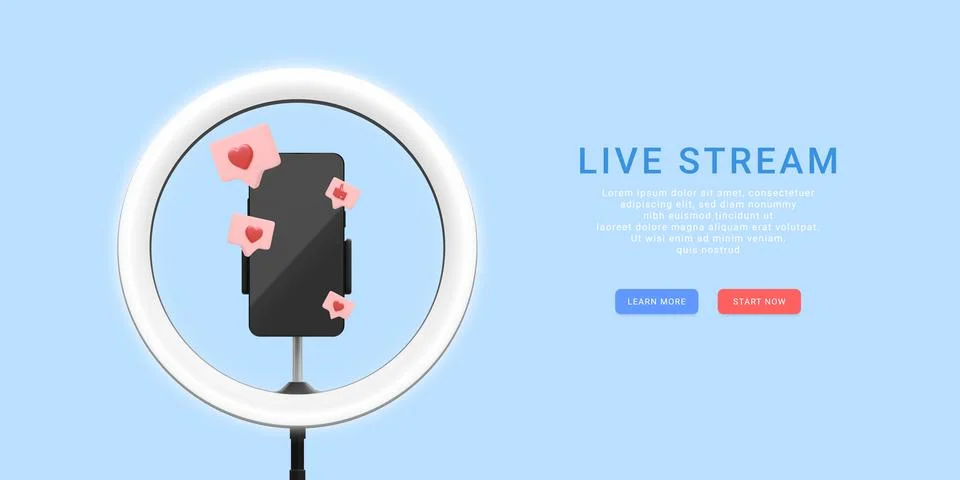 3d realistic live stream concept. Phone on tripod with light bulb and social Stock-Illustration