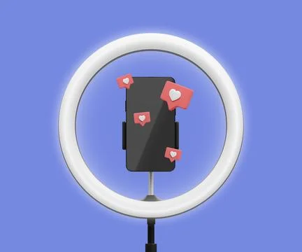 3d realistic live stream concept. Phone on tripod with light bulb and social Stock Illustration