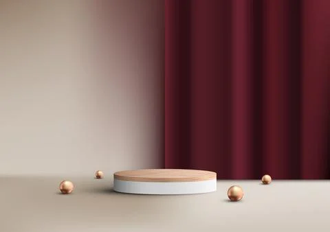 3D realistic luxury style empty wood grain top of white podium cylinder sha.. Stock Illustration