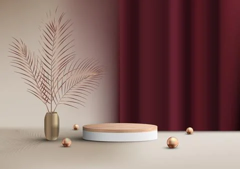 3D realistic luxury style empty wood grain top of white podium cylinder sha.. Stock Illustration