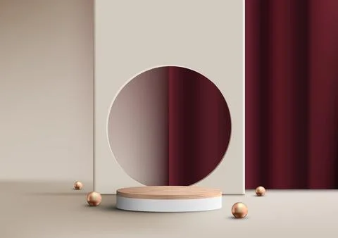 3D realistic luxury style empty wood grain top of white podium cylinder sha.. Stock Illustration