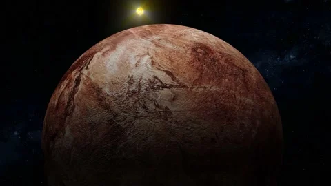 3d realistic Makemake fictional planet with glowing sun Stock Footage 221906274