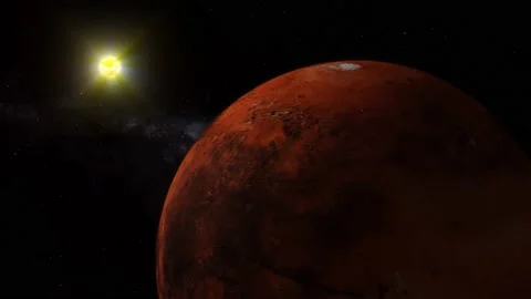3d realistic Mars planet glowing sun view on space Stock Footage 221906319