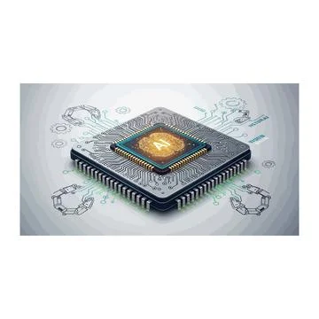 3D realistic microchip processor with glowing blue light and energy effects Stock-Illustration