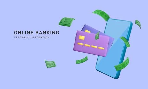 3d realistic mobile wallet with falling green paper currency. Mobile banking Illustrazione stock