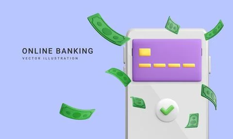 3d realistic mobile wallet with falling green paper currency. Mobile banking Illustrazione stock