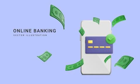 3d realistic mobile wallet with falling green paper currency. Mobile banking Stock Illustration
