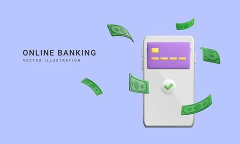 3d realistic mobile wallet with falling green paper currency. Mobile banking Stock-Illustration