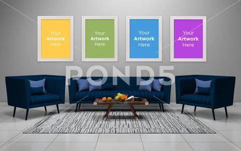 3D Realistic Mockup of living room Interior PSD Template