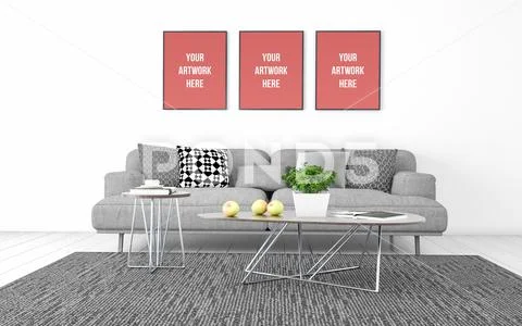 3D Realistic Mockup of living room Interior PSD Template
