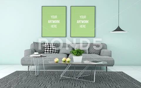 3D Realistic Mockup of living room Interior PSD Template