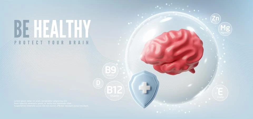 3D realistic model of human brain, vector render pink cerebrum isolated, volume 스톡 일러스트